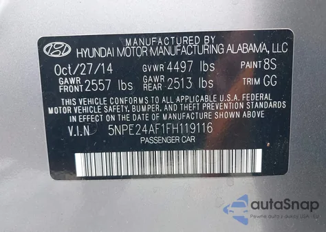 2015 Hyundai Sonata Se z USA, uszkodzony, nr VIN 5NPE24AF1FH119116